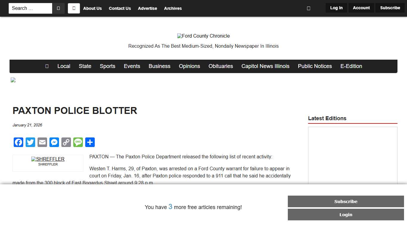 PAXTON POLICE BLOTTER Ford County Chronicle